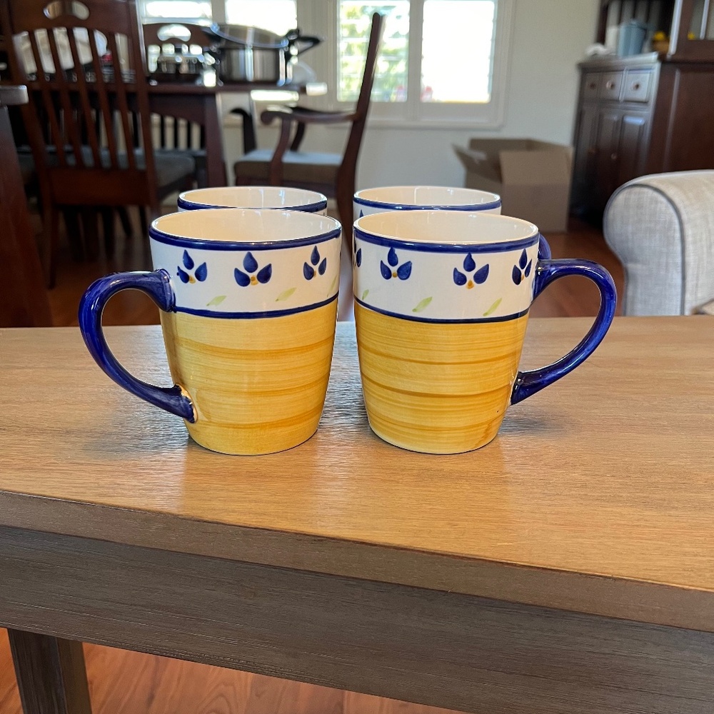Set of Four (4) Color Strokes Blue Leaves Mugs; Home Collection